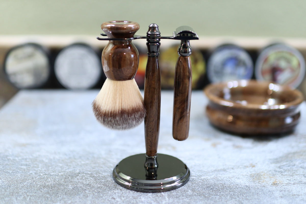 Walnut Wood Hand Crafted Shave Set with Gunmetal Safety Razor