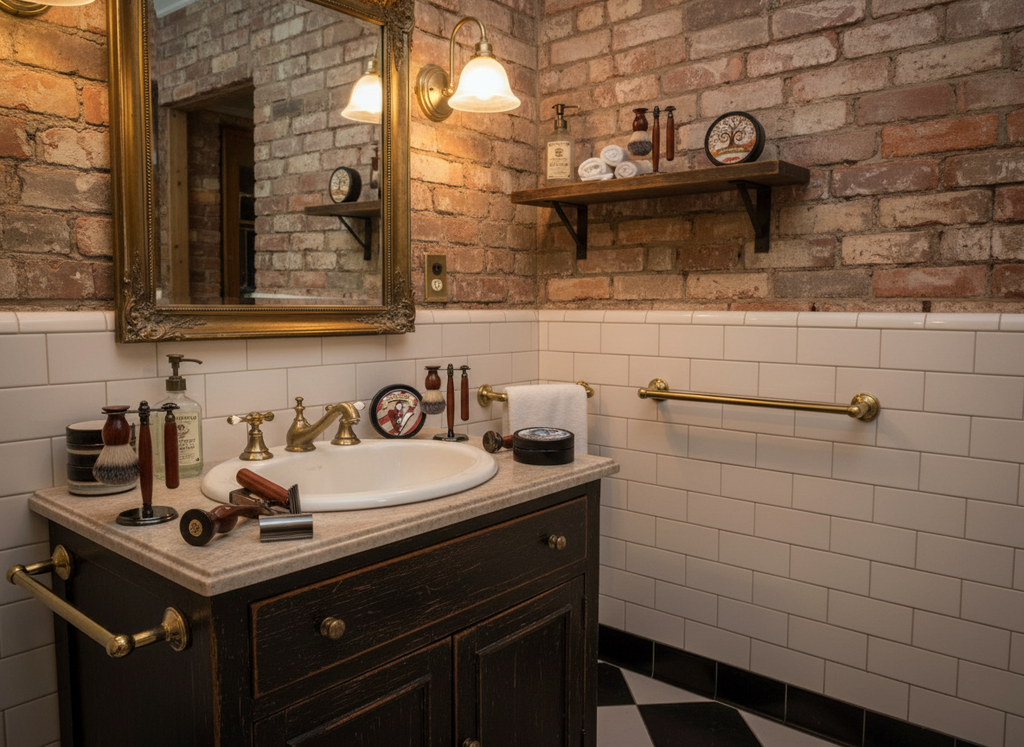 Creations by will shave sets on bathroom counter with shave soap barber shop scent cutthroat old fashioned shave kit double edge razor lather brush and stand 