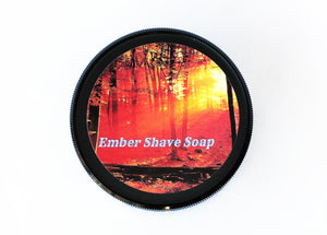 Ember Vegan Shave Soap label art on a plastic container- CreationsByWill