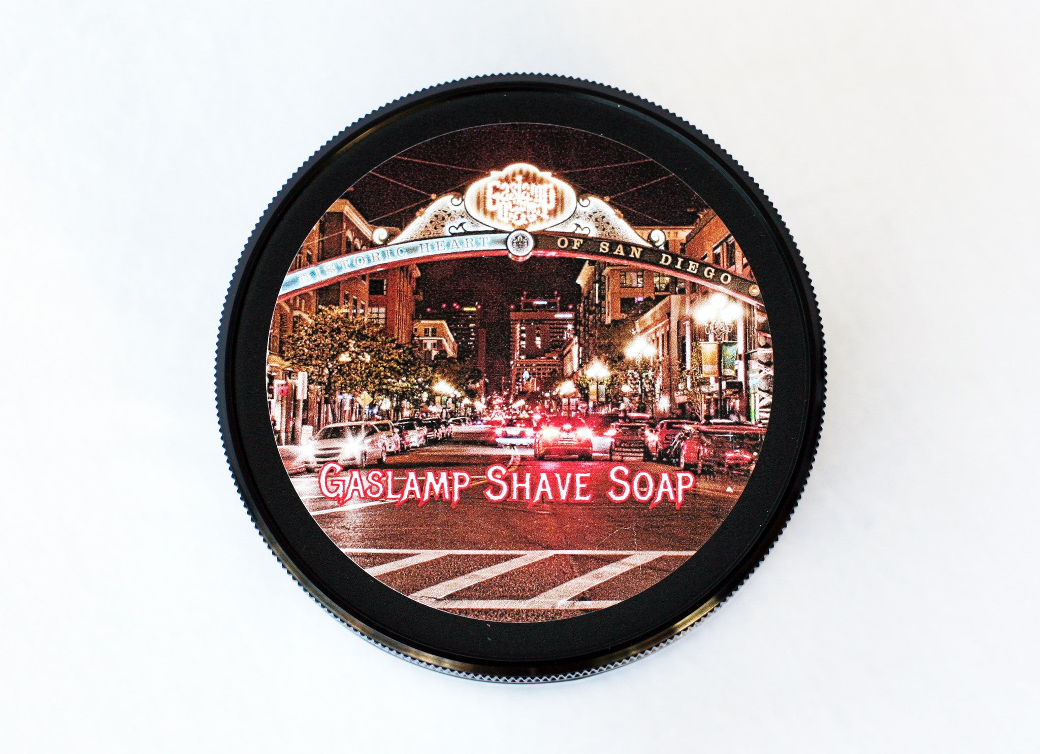 Gaslamp Vegan Shave Soap label art on a plastic lid - CreationsByWill