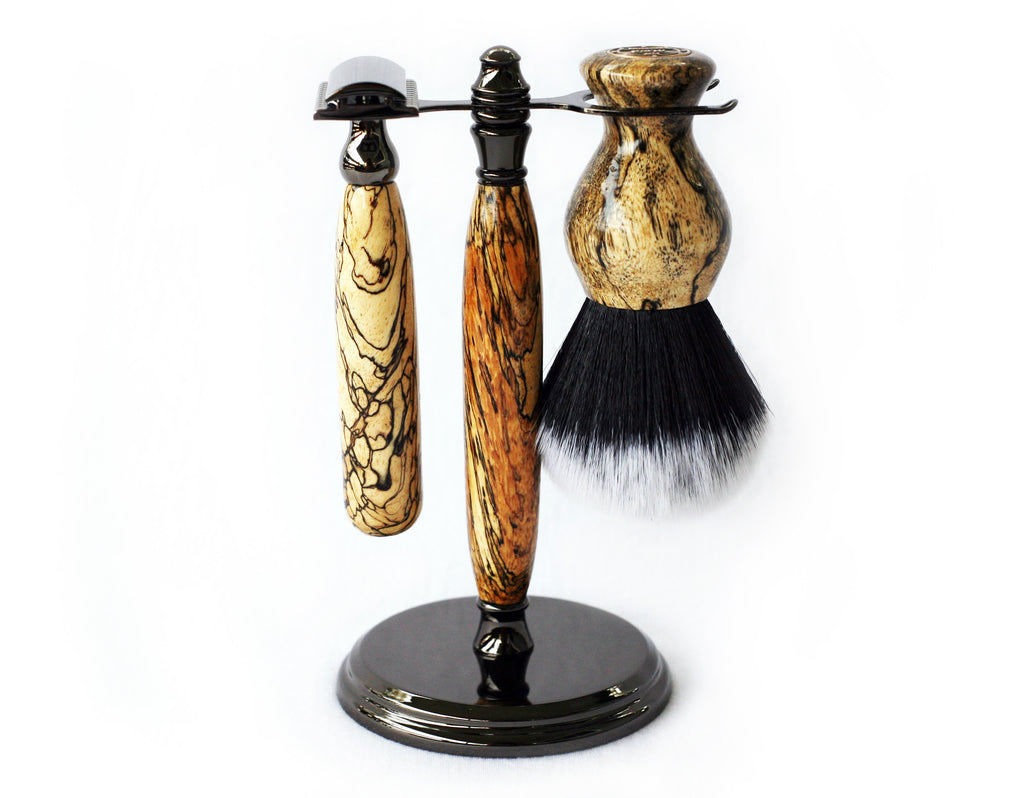 Spalted Tamarind Shave Set safety razor, 26mm lather brush and a matching shave stand. - CreationsByWill