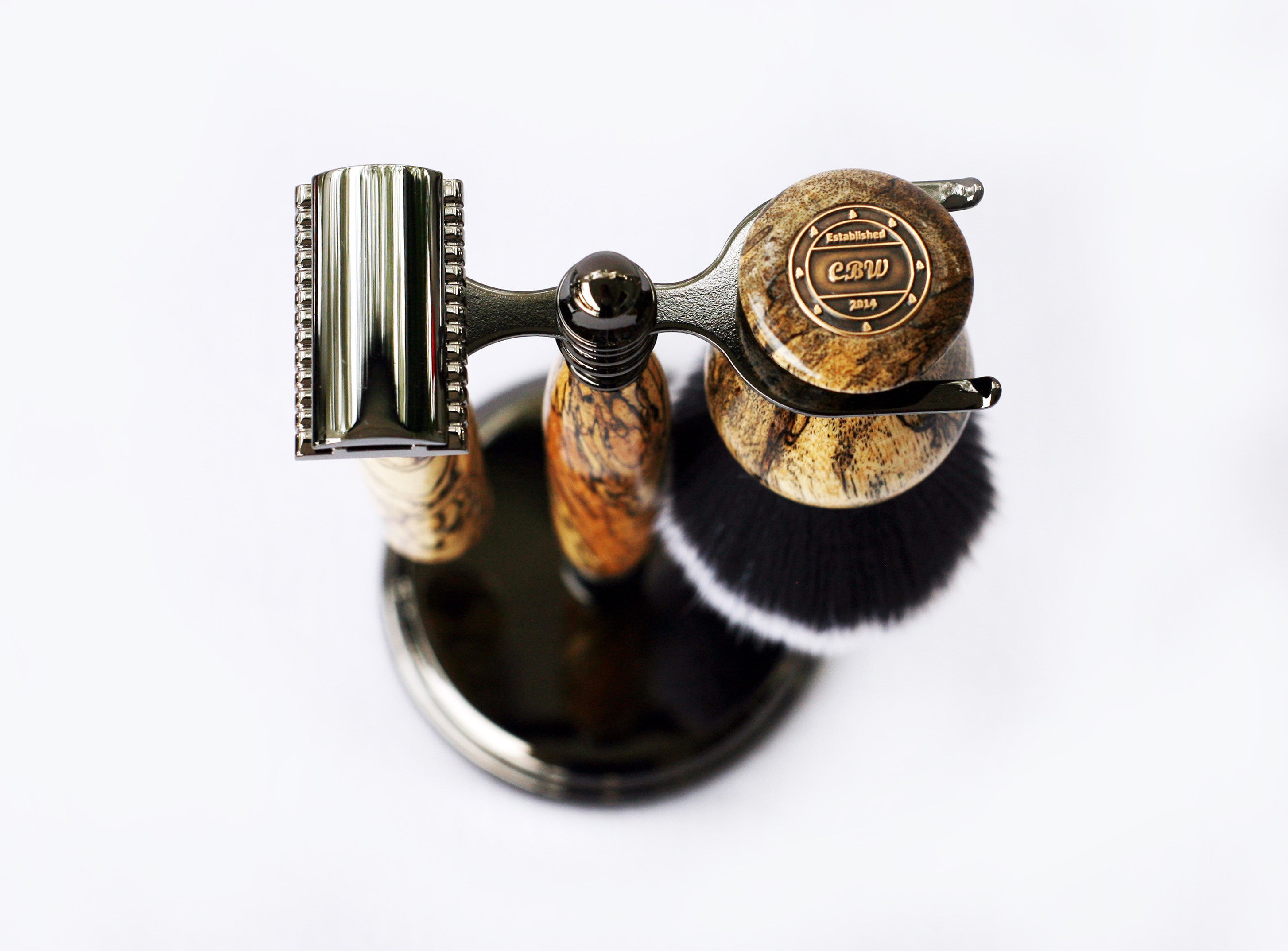 Spalted Tamarind Shave Set safety razor, 26mm lather brush and a matching shave stand. - CreationsByWill