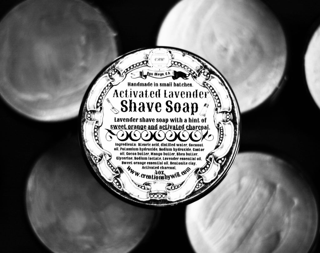 Activated Lavender Vegan Shave Soap label pictures on a plastic tub- CreationsByWill