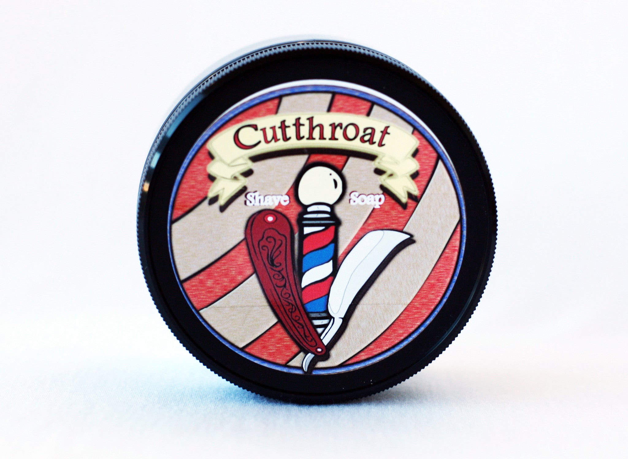 Cutthroat Vegan Shave Soap artwork pictures on a plastic container - CreationsByWill