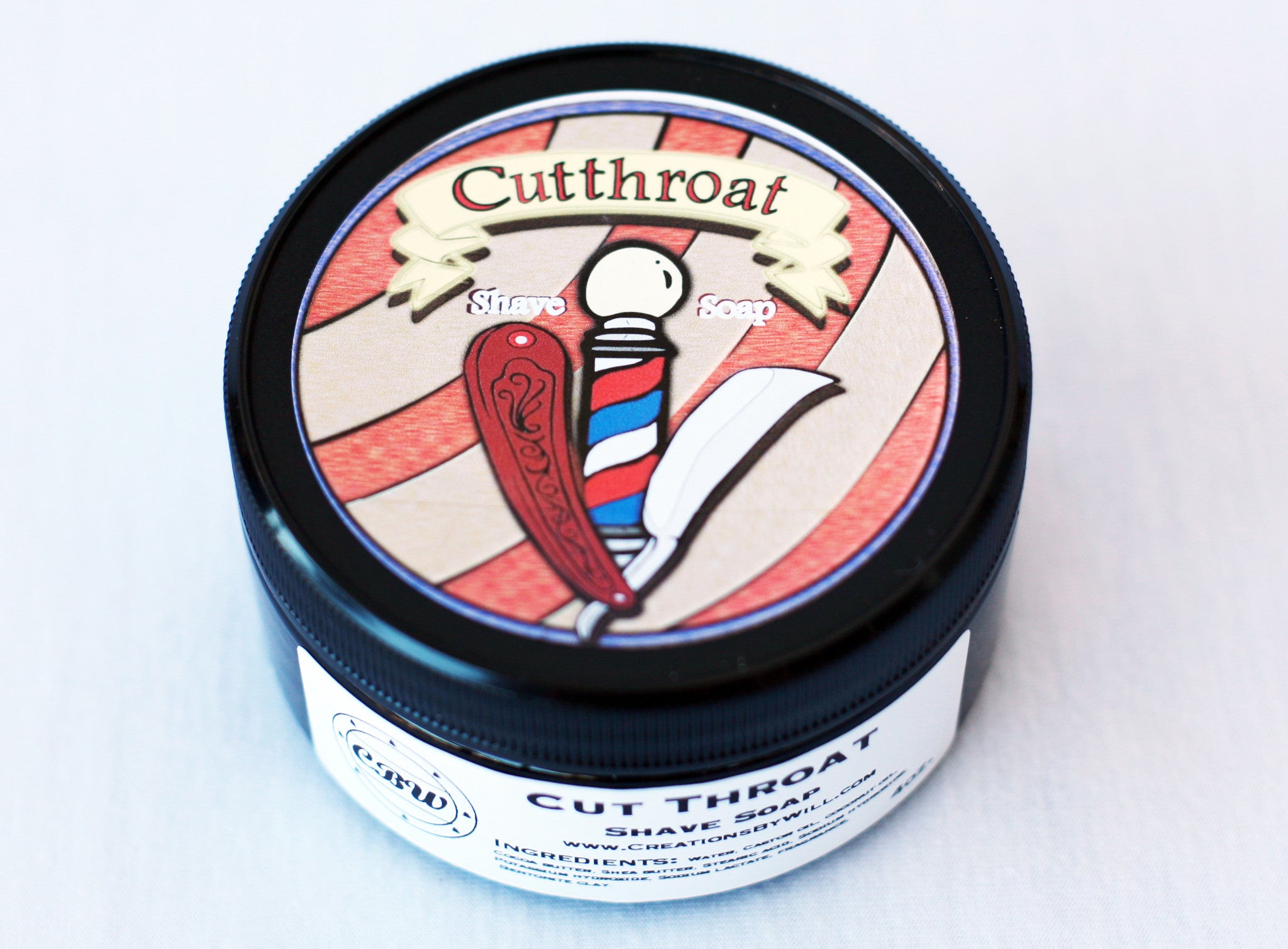 Cutthroat Vegan Shave Soap pictures in a plastic container - CreationsByWill