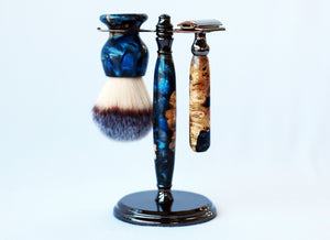 Buckeye Burl Shave Set with Blue Resin safety razor, 26mm lather brush and a matching shave stand. - CreationsByWill