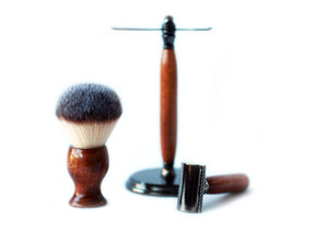 Mahogany Shave Set with Gunmetal safety razor, 26mm lather brush and a matching shave stand. - CreationsByWill