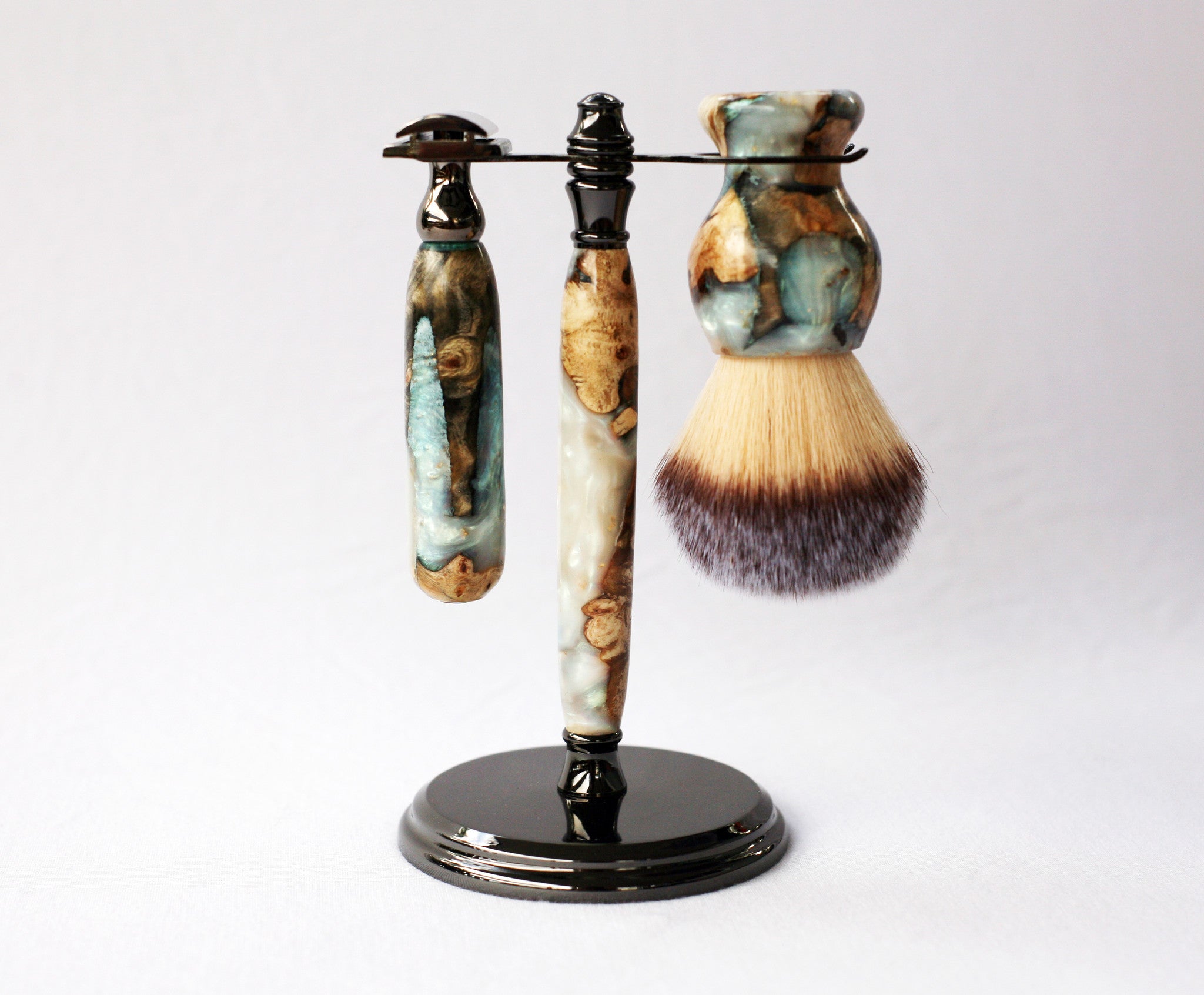 Buckeye Burl Shave Set with 'Travel to Jupiter'( pearl)Resin safety razor, 26mm lather brush and a matching shave stand. - CreationsByWill