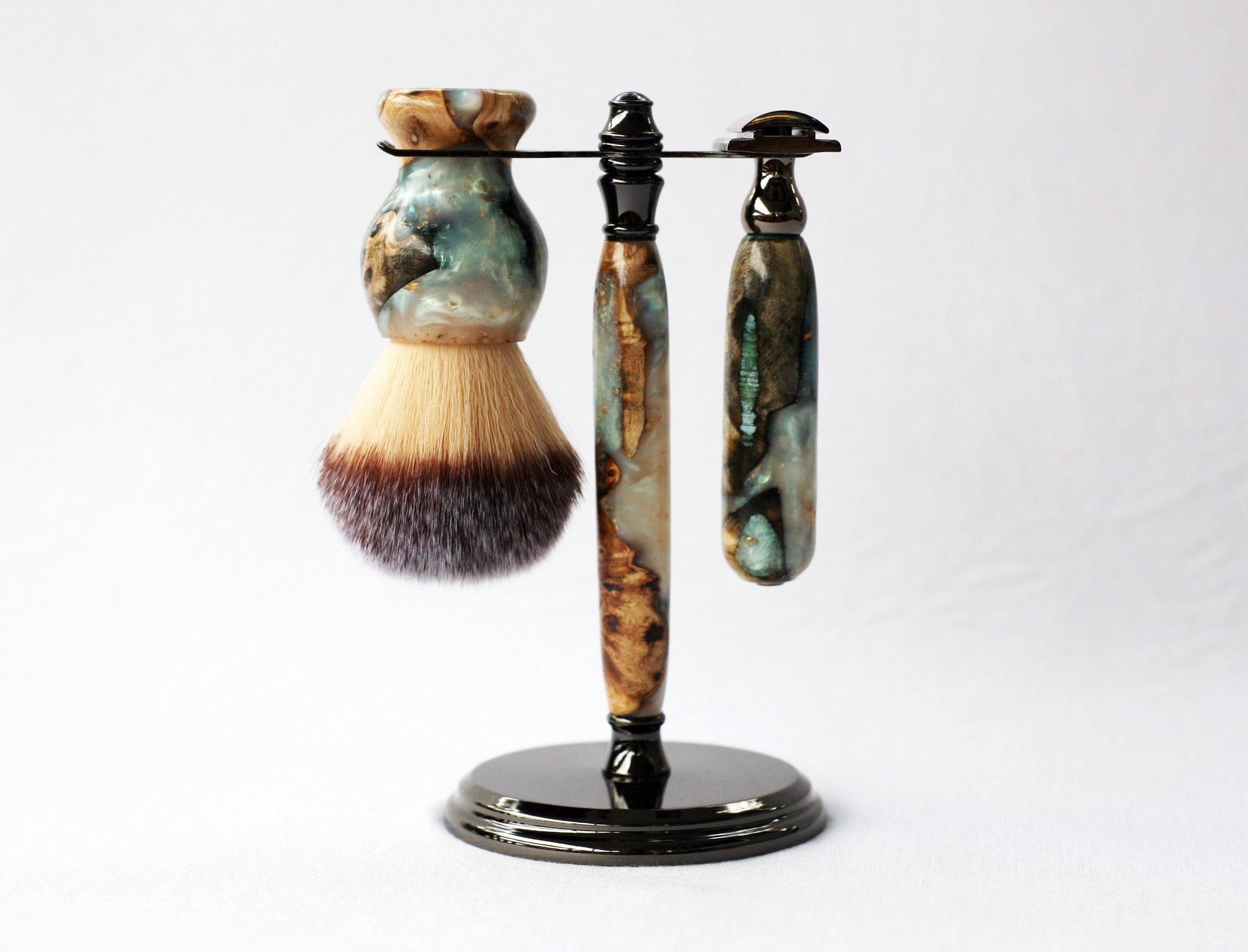 Buckeye Burl Shave Set with 'Travel to Jupiter'( pearl)Resin safety razor, 26mm lather brush and a matching shave stand. - CreationsByWill