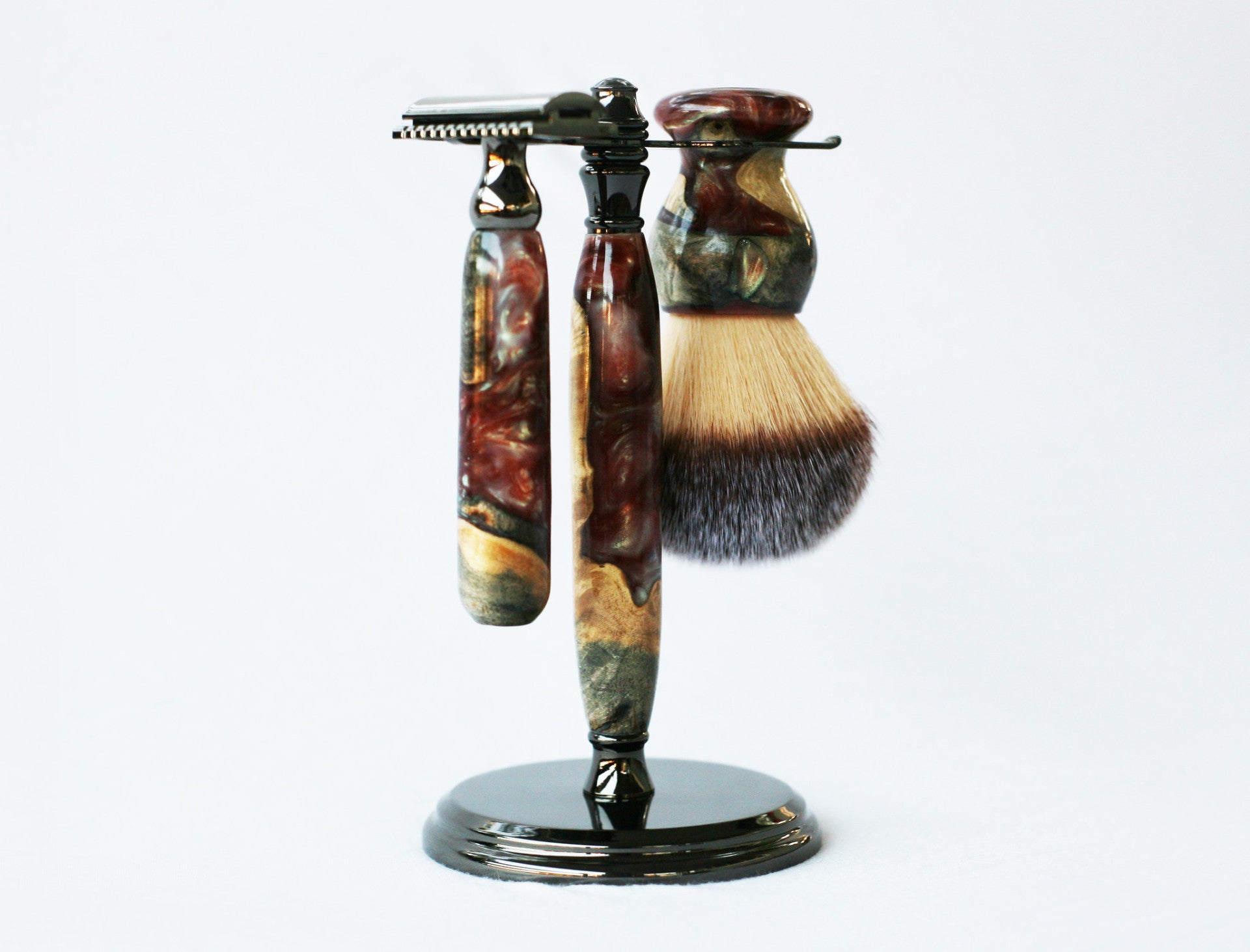 Buckeye Burl Shave Set with 'Chameleon' Resin safety razor, 26mm lather brush and a matching shave stand. - CreationsByWill