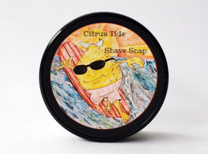 Citrus Tide Vegan Shave Soap Label art pictures on a plastic tub lid. Artwork by John R. Waters JR. - CreationsByWill