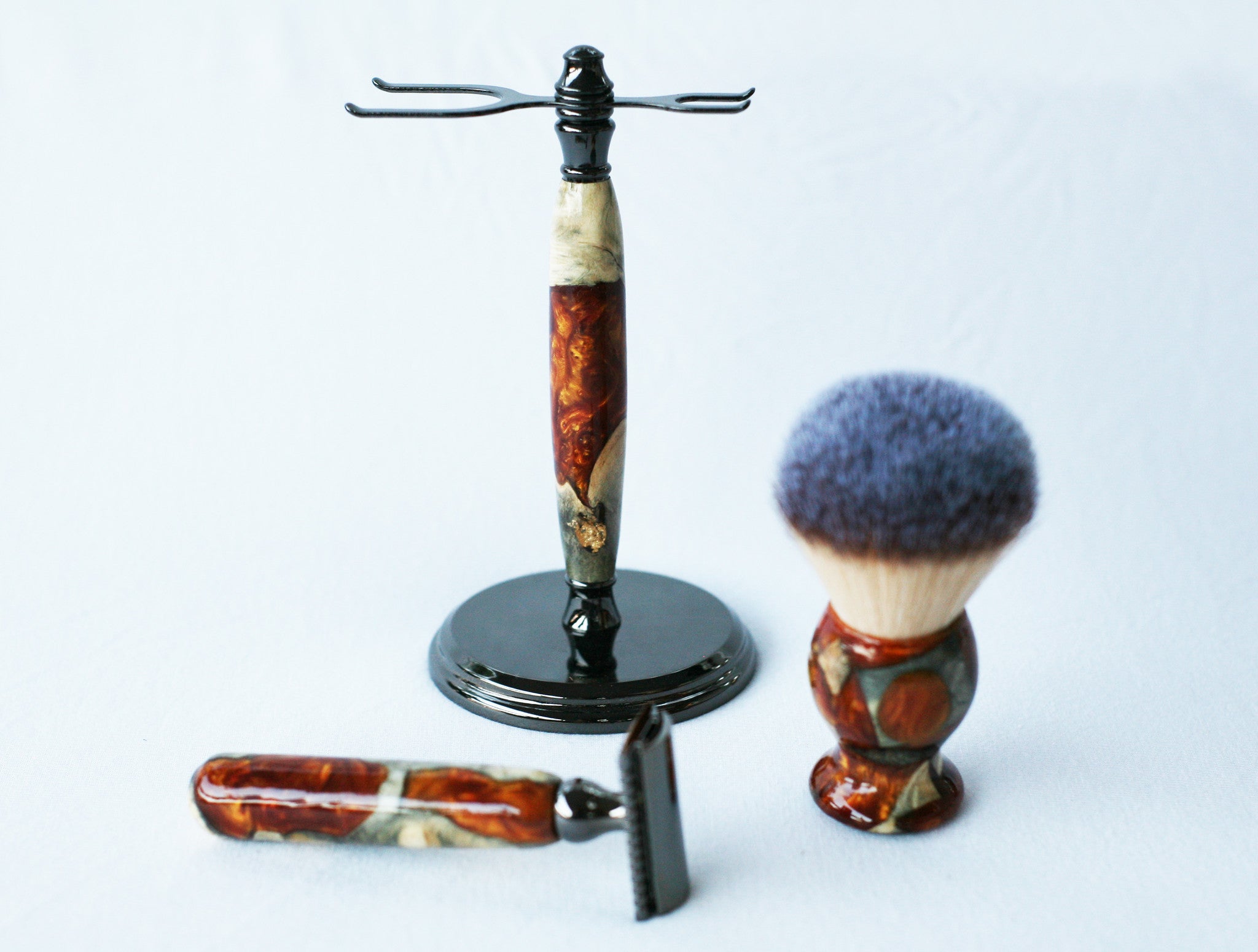 Buckeye Burl Shave Set with Gold and red swirl  Resin safety razor, 26mm lather brush and a matching shave stand. - CreationsByWill