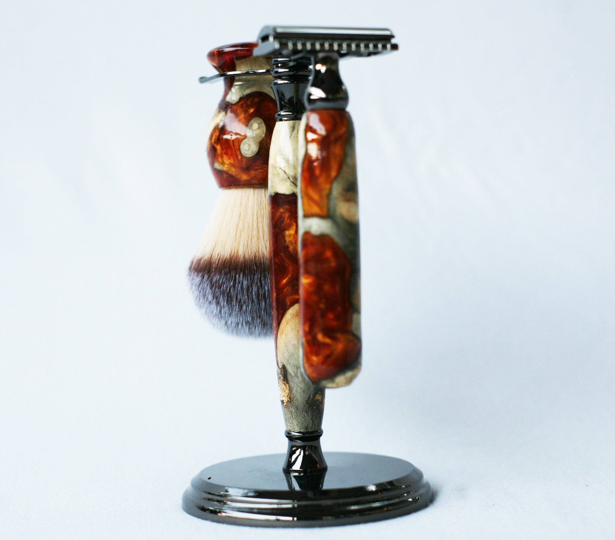 Buckeye Burl Shave Set with Gold and red swirl  Resin safety razor, 26mm lather brush and a matching shave stand. - CreationsByWill